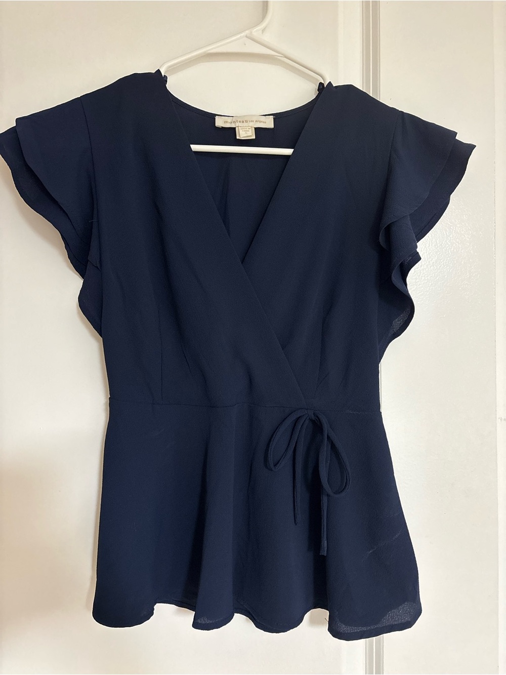 Women's Navy Wrap Peplum Top with Tie
